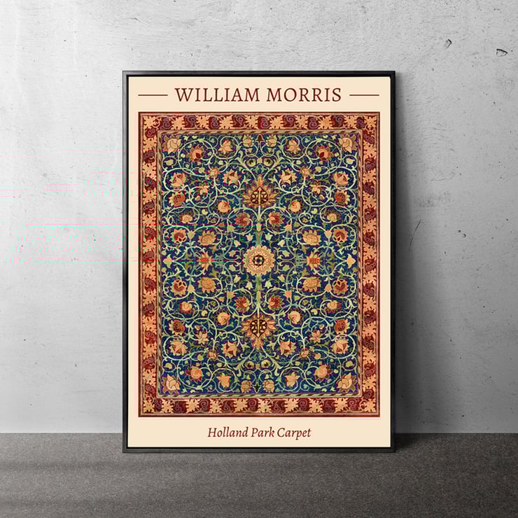 Holland Park Teppich von William Morris farbenfrohes, kompliziertes Blumenmuster Poster mit Holland Park Carpet von William Morris mit kompliziertem Blumenmuster und satten Farben.