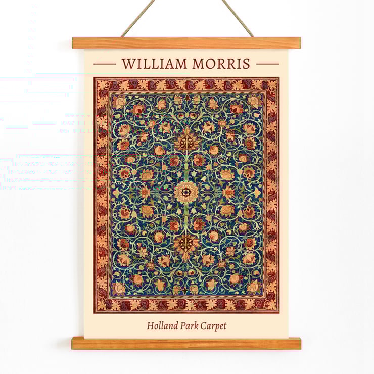 Holland Park Teppich von William Morris farbenfrohes, kompliziertes Blumenmuster Poster mit Holland Park Carpet von William Morris mit kompliziertem Blumenmuster und satten Farben.