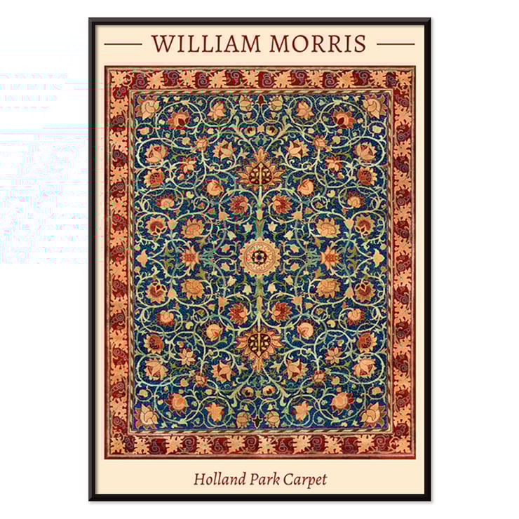 Holland Park Teppich von William Morris farbenfrohes, kompliziertes Blumenmuster Poster mit Holland Park Carpet von William Morris mit kompliziertem Blumenmuster und satten Farben.