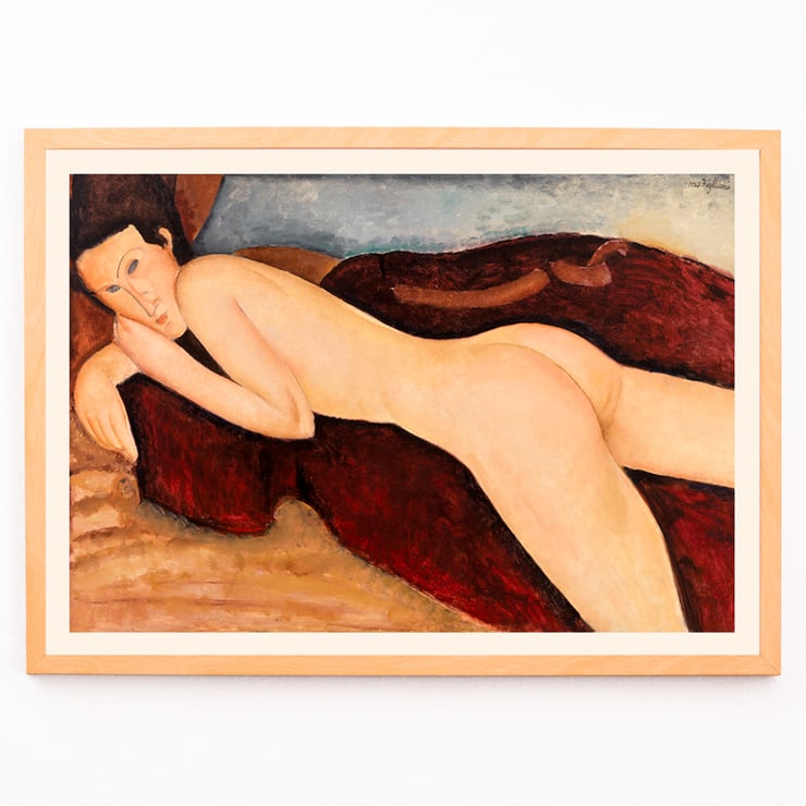 Girl from the Back by Amedeo Modigliani nude female portrait in reclining pose on a red background Poster of a nude woman reclining on a red blanket titled Girl from the Back by Amedeo Modigliani.