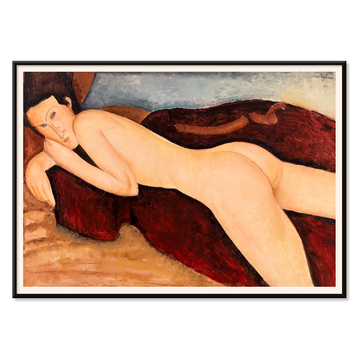 Girl from the Back by Amedeo Modigliani nude female portrait in reclining pose on a red background Poster of a nude woman reclining on a red blanket titled Girl from the Back by Amedeo Modigliani.
