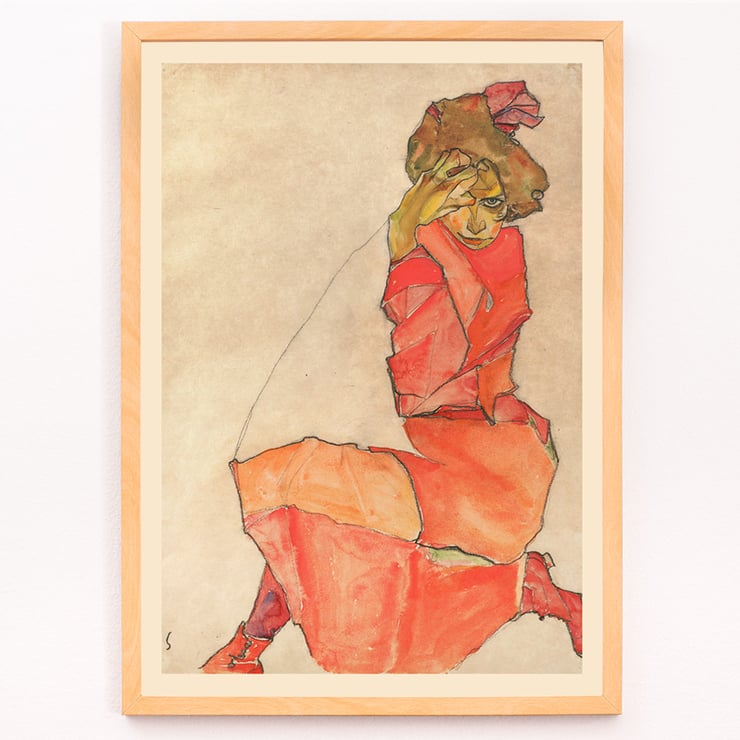 Kneeling Female in Orange-Red Dress by Egon Schiele expressive painting artwork Poster of Kneeling Female in Orange-Red Dress by Egon Schiele displaying a woman in a vibrant and expressive pose.