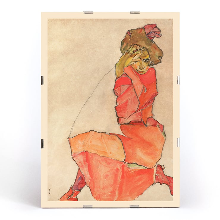 Kneeling Female in Orange-Red Dress by Egon Schiele expressive painting artwork Poster of Kneeling Female in Orange-Red Dress by Egon Schiele displaying a woman in a vibrant and expressive pose.