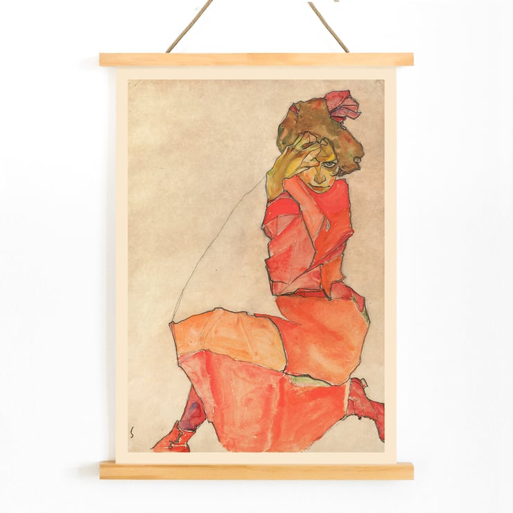 Kneeling Female in Orange-Red Dress by Egon Schiele expressive painting artwork Poster of Kneeling Female in Orange-Red Dress by Egon Schiele displaying a woman in a vibrant and expressive pose.