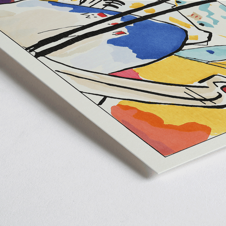 Abstract expressionist artwork Der Blaue Reiter by Wassily Kandinsky featuring vibrant colors and dynamic shapes. Abstract art poster with vibrant colors and geometric shapes titled Der Blaue Reiter by Wassily Kandinsky.
