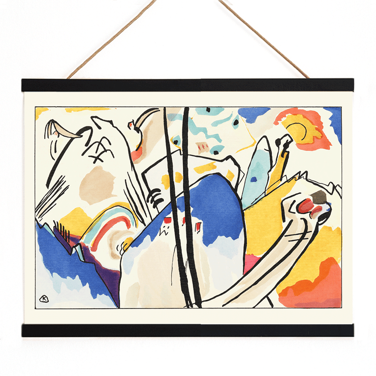Abstract expressionist artwork Der Blaue Reiter by Wassily Kandinsky featuring vibrant colors and dynamic shapes. Abstract art poster with vibrant colors and geometric shapes titled Der Blaue Reiter by Wassily Kandinsky.