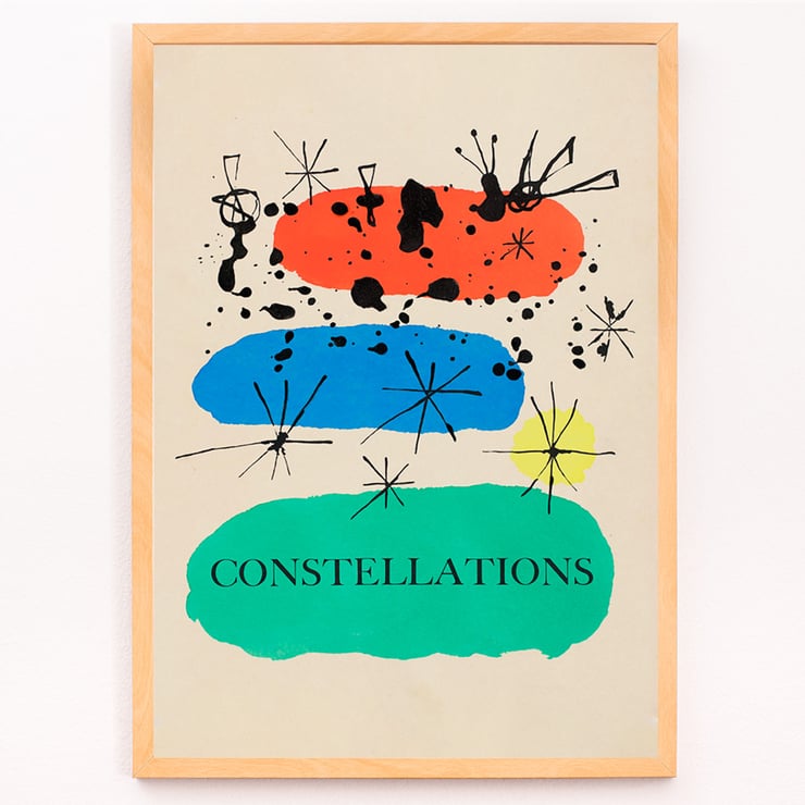 Colorful abstract artwork Constellations by Joan Miró with bold geometric shapes and stars. Poster featuring abstract art with colorful shapes and stars titled Constellations by Joan Miró.