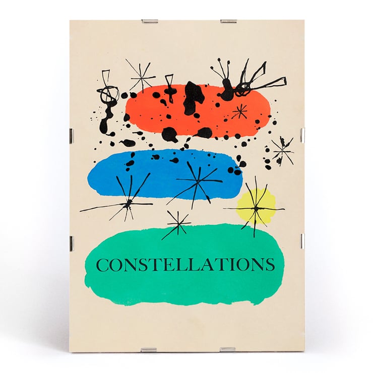 Colorful abstract artwork Constellations by Joan Miró with bold geometric shapes and stars. Poster featuring abstract art with colorful shapes and stars titled Constellations by Joan Miró.