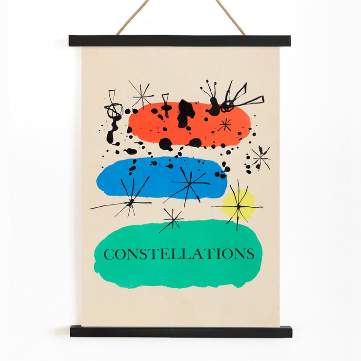 Colorful abstract artwork Constellations by Joan Miró with bold geometric shapes and stars. Poster featuring abstract art with colorful shapes and stars titled Constellations by Joan Miró.