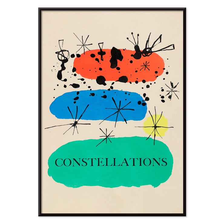 Colorful abstract artwork Constellations by Joan Miró with bold geometric shapes and stars. Poster featuring abstract art with colorful shapes and stars titled Constellations by Joan Miró.
