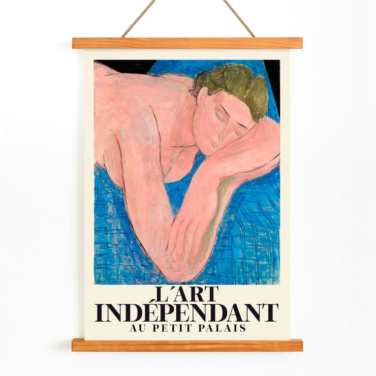 Poster featuring Le rêve by Henri Matisse at Petit Palais art exhibition Poster featuring a reclining figure with closed eyes on a blue background by Henri Matisse titled Le rêve.