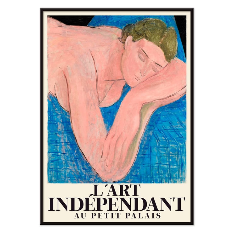 Poster featuring Le rêve by Henri Matisse at Petit Palais art exhibition Poster featuring a reclining figure with closed eyes on a blue background by Henri Matisse titled Le rêve.