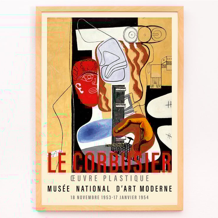 Arbalète I Londres de Le Corbusier obra de arte abstrata com formas geométricas e cores vibrantes Pôster apresentando a obra de arte abstrata Arbalète I de Le Corbusier com cores fortes e formas geométricas exibida em uma exposição de museu.
