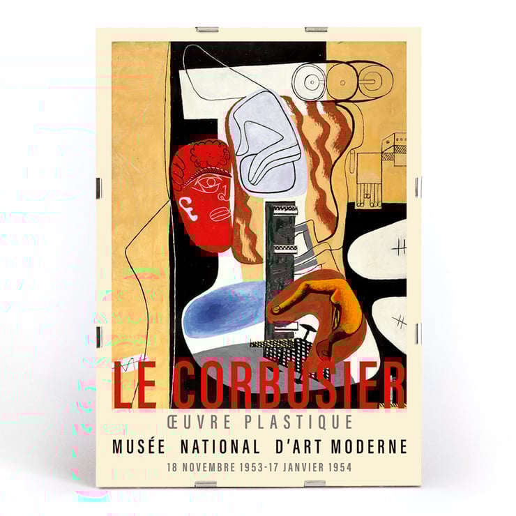 Arbalète I Londres de Le Corbusier obra de arte abstrata com formas geométricas e cores vibrantes Pôster apresentando a obra de arte abstrata Arbalète I de Le Corbusier com cores fortes e formas geométricas exibida em uma exposição de museu.