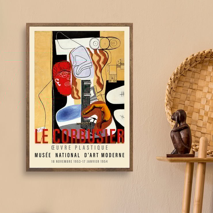 Arbalète I Londres de Le Corbusier obra de arte abstrata com formas geométricas e cores vibrantes Pôster apresentando a obra de arte abstrata Arbalète I de Le Corbusier com cores fortes e formas geométricas exibida em uma exposição de museu.
