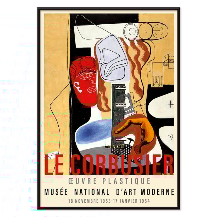 Arbalète I Londres de Le Corbusier obra de arte abstrata com formas geométricas e cores vibrantes Pôster apresentando a obra de arte abstrata Arbalète I de Le Corbusier com cores fortes e formas geométricas exibida em uma exposição de museu.