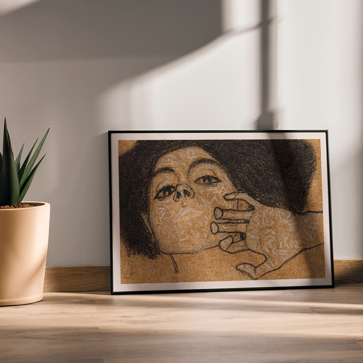 Head of a Woman by Egon Schiele expressive portrait art drawing Poster featuring Head of a Woman by Egon Schiele showing a woman's face with intricate hand details on a textured background