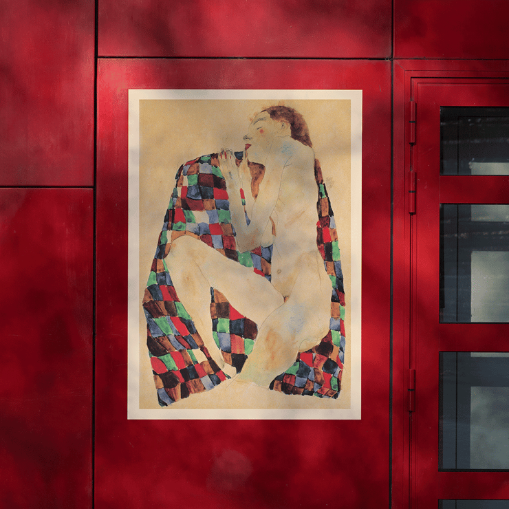 Female Nude on Checkered Cloth by Egon Schiele features a woman draped in a colorful patterned textile Poster of Female Nude on Checkered Cloth by Egon Schiele depicting a nude woman sitting on a colorful checkered fabric