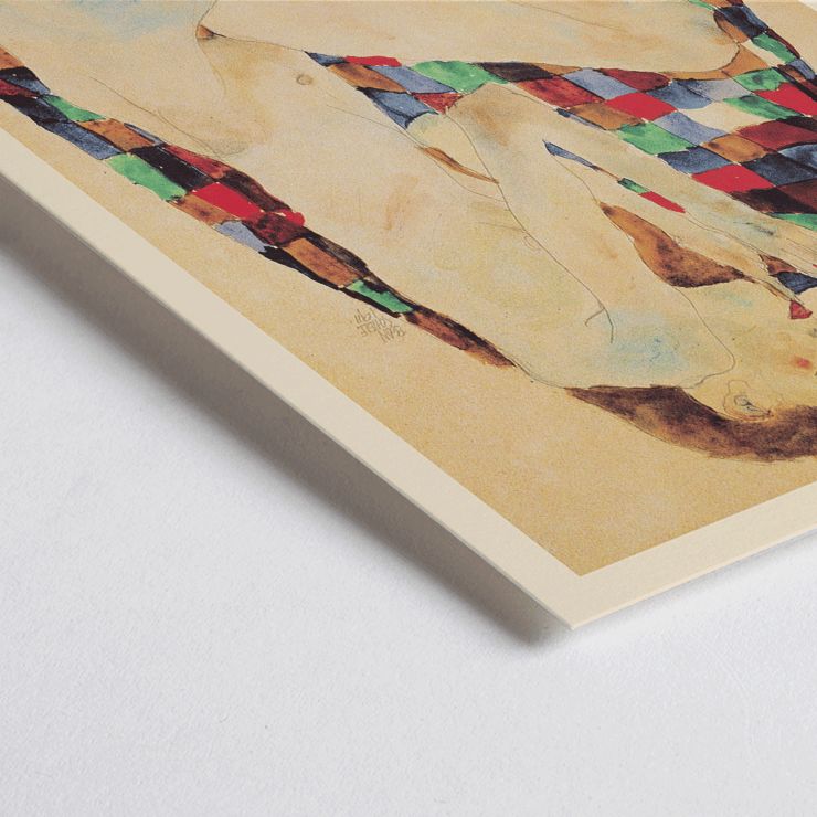 Female Nude on Checkered Cloth by Egon Schiele features a woman draped in a colorful patterned textile Poster of Female Nude on Checkered Cloth by Egon Schiele depicting a nude woman sitting on a colorful checkered fabric