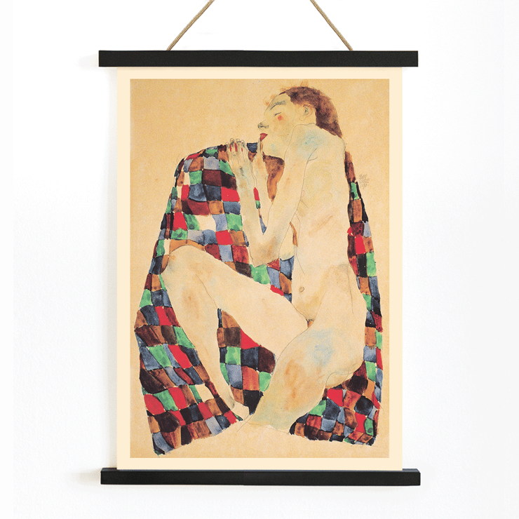 Female Nude on Checkered Cloth by Egon Schiele features a woman draped in a colorful patterned textile Poster of Female Nude on Checkered Cloth by Egon Schiele depicting a nude woman sitting on a colorful checkered fabric