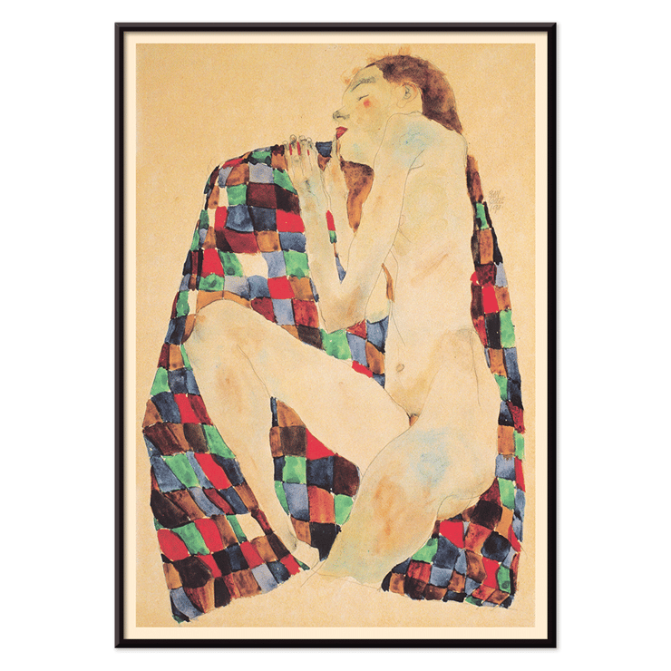 Female Nude on Checkered Cloth by Egon Schiele features a woman draped in a colorful patterned textile Poster of Female Nude on Checkered Cloth by Egon Schiele depicting a nude woman sitting on a colorful checkered fabric