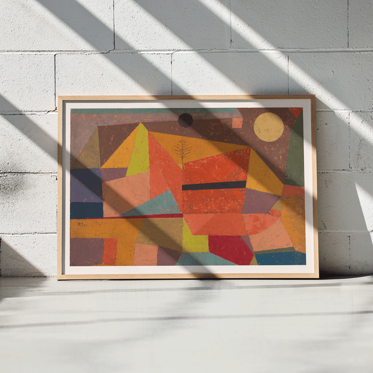 Fröhliche Berglandschaft von Paul Klee in lebendigen abstrakten Farben zeigt eine Bergszene Poster der „Freudigen Berglandschaft“ von Paul Klee mit abstrakten geometrischen Formen in leuchtenden Farben