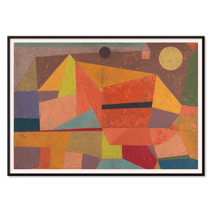 Fröhliche Berglandschaft von Paul Klee in lebendigen abstrakten Farben zeigt eine Bergszene Poster der „Freudigen Berglandschaft“ von Paul Klee mit abstrakten geometrischen Formen in leuchtenden Farben