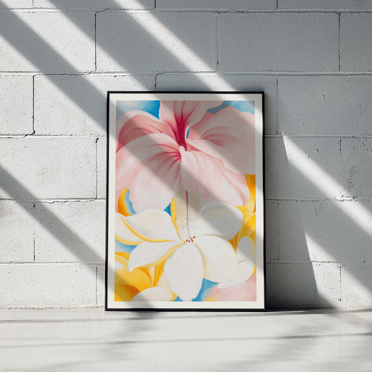 Hibiscus with Plumeria by Georgia O'Keeffe features large vibrant flowers in a colorful composition. Poster of Hibiscus with Plumeria by Georgia O’Keeffe featuring vibrant pink and white flowers with a colorful background