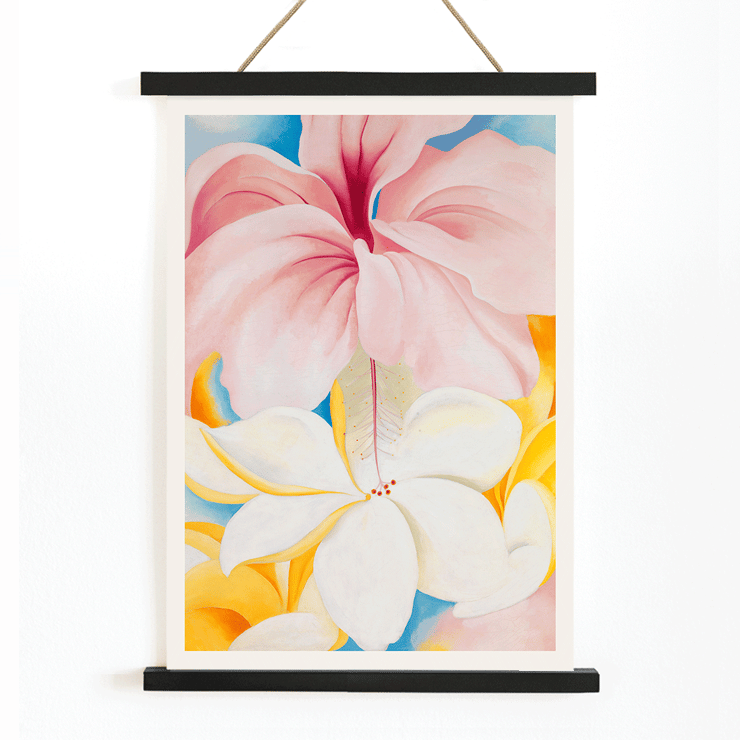 Hibiscus with Plumeria by Georgia O'Keeffe features large vibrant flowers in a colorful composition. Poster of Hibiscus with Plumeria by Georgia O’Keeffe featuring vibrant pink and white flowers with a colorful background
