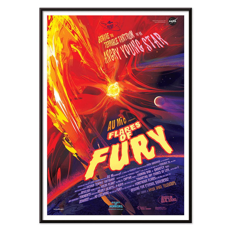 Colorful space-themed illustration featuring vibrant solar flares with planets and stars titled Flares of Fury by NASA Poster of Flares of Fury by NASA featuring a bright red and orange fiery explosion with text and celestial elements in the background.
