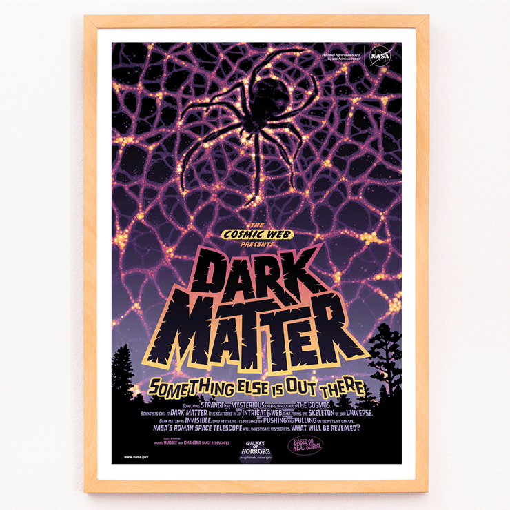 Dark Matter by NASA artwork featuring cosmic web and spider silhouette in space-themed poster Poster showing a spider on a web with vibrant colors and text reading Dark Matter Something Else is Out There by NASA.