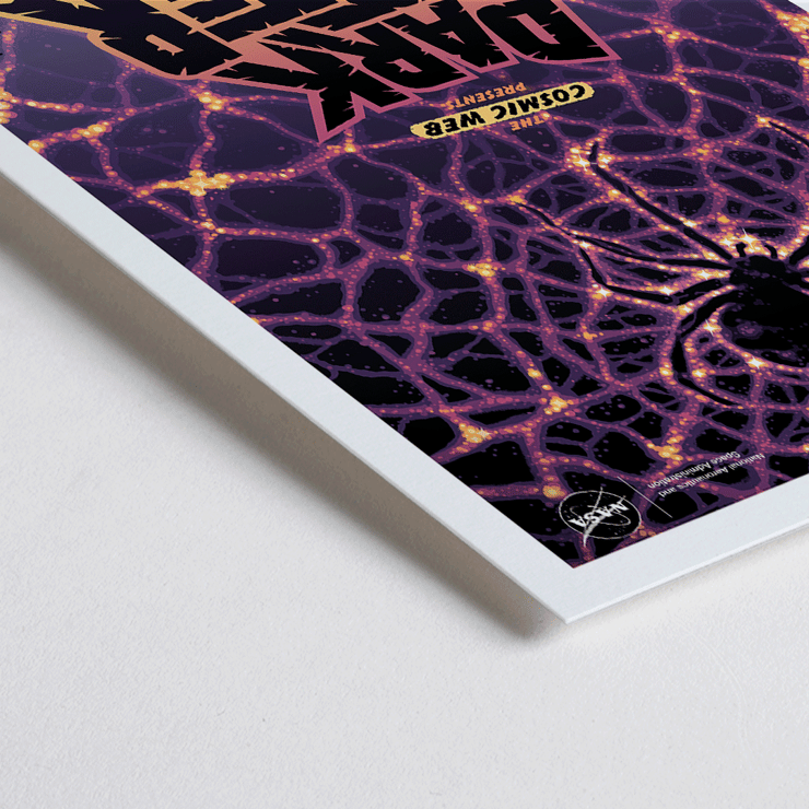 Dark Matter by NASA artwork featuring cosmic web and spider silhouette in space-themed poster Poster showing a spider on a web with vibrant colors and text reading Dark Matter Something Else is Out There by NASA.