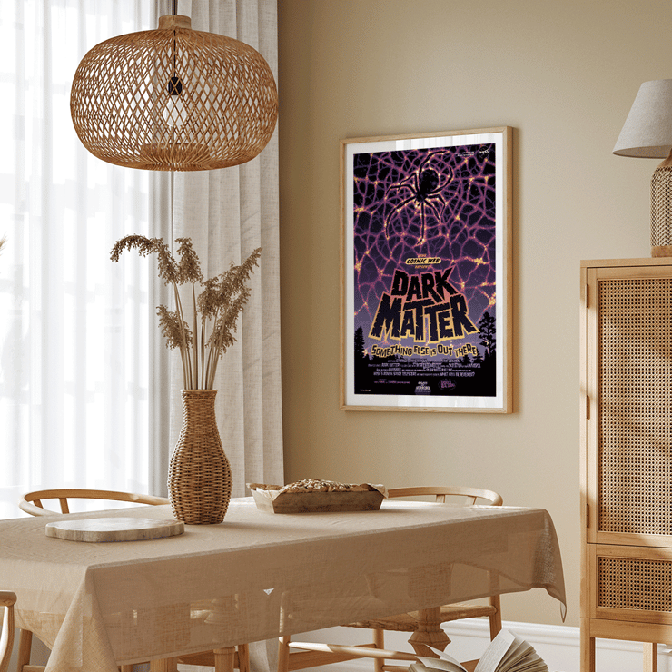 Dark Matter by NASA artwork featuring cosmic web and spider silhouette in space-themed poster Poster showing a spider on a web with vibrant colors and text reading Dark Matter Something Else is Out There by NASA.