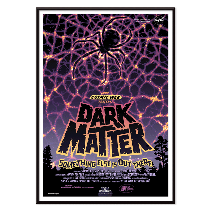 Dark Matter by NASA artwork featuring cosmic web and spider silhouette in space-themed poster Poster showing a spider on a web with vibrant colors and text reading Dark Matter Something Else is Out There by NASA.