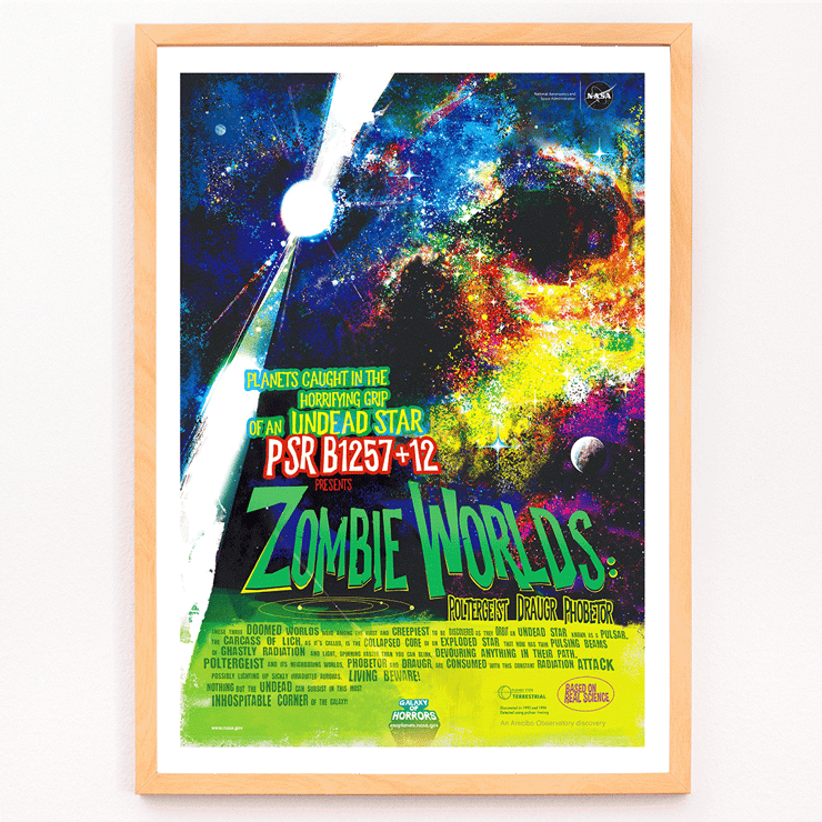 Colorful cosmic-themed artwork by NASA titled Zombie Worlds depicting planets caught in the grip of an undead star. Poster featuring Zombie Worlds by NASA showing a colorful cosmic scene with text about planets around an undead star.