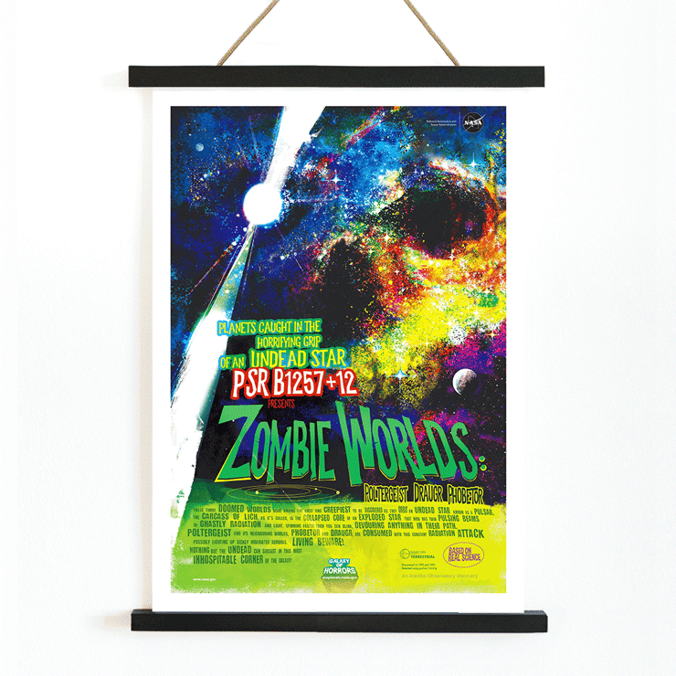 Colorful cosmic-themed artwork by NASA titled Zombie Worlds depicting planets caught in the grip of an undead star. Poster featuring Zombie Worlds by NASA showing a colorful cosmic scene with text about planets around an undead star.