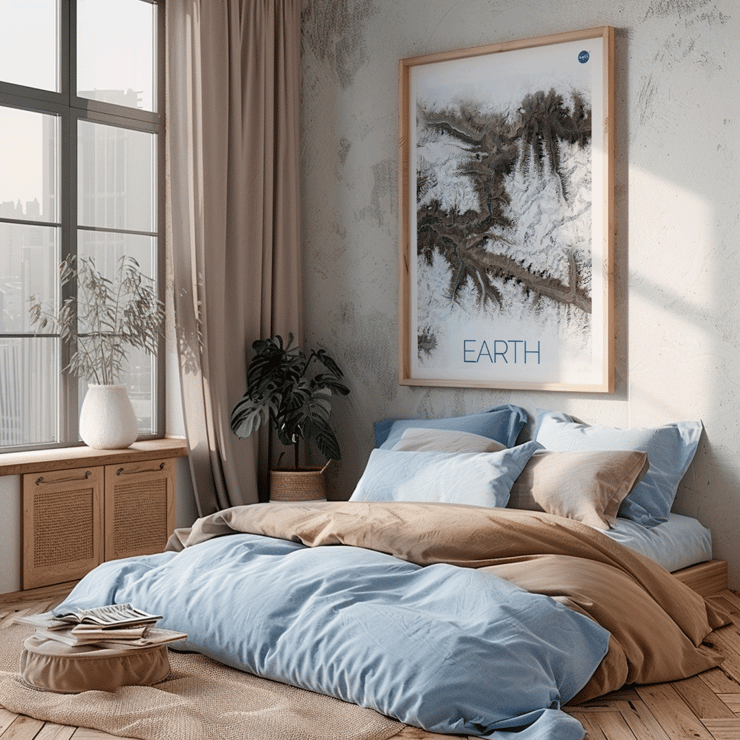 A stunning view of Earth's snowy mountain ranges by NASA from the artwork Earth 1 Poster titled Earth by NASA depicting a detailed and high-resolution satellite image of rugged terrain with snow-covered peaks