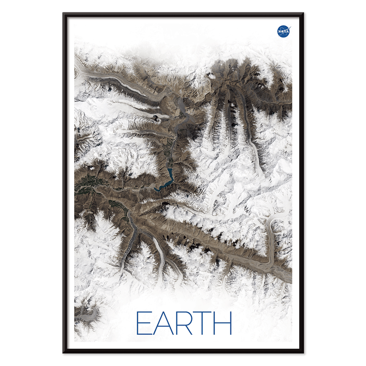A stunning view of Earth's snowy mountain ranges by NASA from the artwork Earth 1 Poster titled Earth by NASA depicting a detailed and high-resolution satellite image of rugged terrain with snow-covered peaks