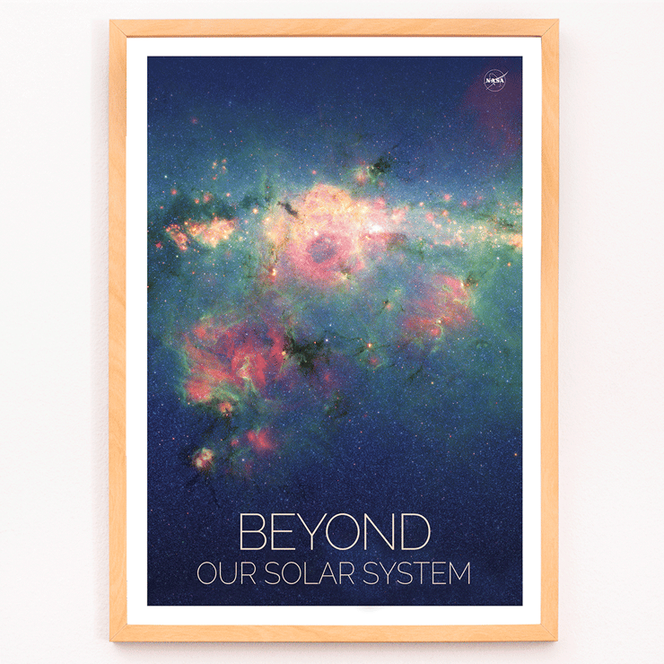Colorful nebula image Beyond Our Solar System by NASA Poster featuring a vibrant nebula with text Beyond Our Solar System by NASA on a galaxy-themed background