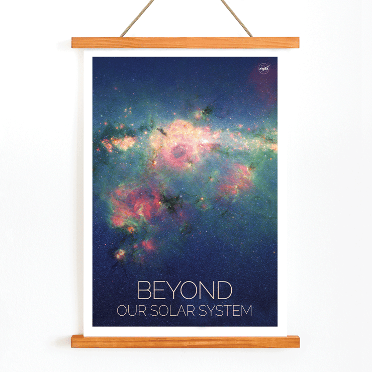 Colorful nebula image Beyond Our Solar System by NASA Poster featuring a vibrant nebula with text Beyond Our Solar System by NASA on a galaxy-themed background