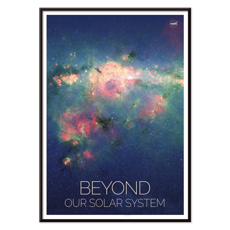 Colorful nebula image Beyond Our Solar System by NASA Poster featuring a vibrant nebula with text Beyond Our Solar System by NASA on a galaxy-themed background