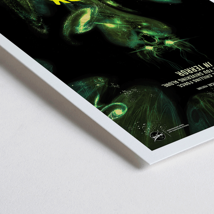 Dark Energy by NASA alien monster in space-themed artwork Poster of Dark Energy by NASA with a dark and eerie space-themed illustration featuring a menacing figure and glowing green text.