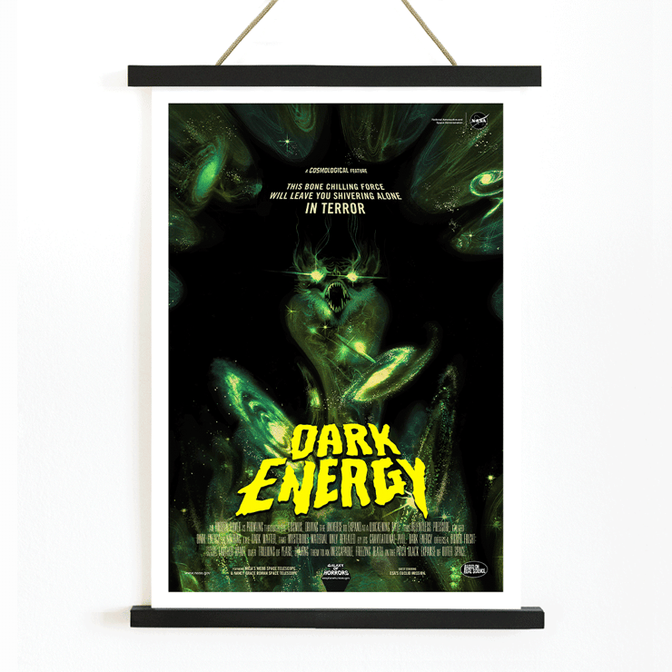 Dark Energy by NASA alien monster in space-themed artwork Poster of Dark Energy by NASA with a dark and eerie space-themed illustration featuring a menacing figure and glowing green text.