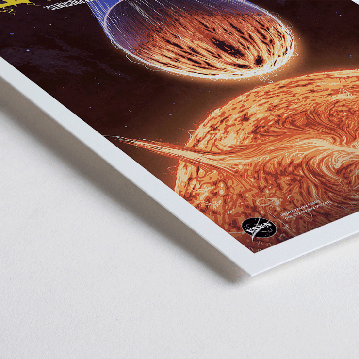 The Roasted Planet by NASA displays an exoplanet being scorched by its star. Poster of The Roasted Planet by NASA showing a vivid illustration of a burning planet with eruptions under a scorching star.