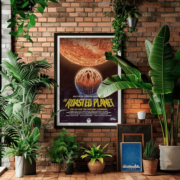 The Roasted Planet by NASA displays an exoplanet being scorched by its star. Poster of The Roasted Planet by NASA showing a vivid illustration of a burning planet with eruptions under a scorching star.