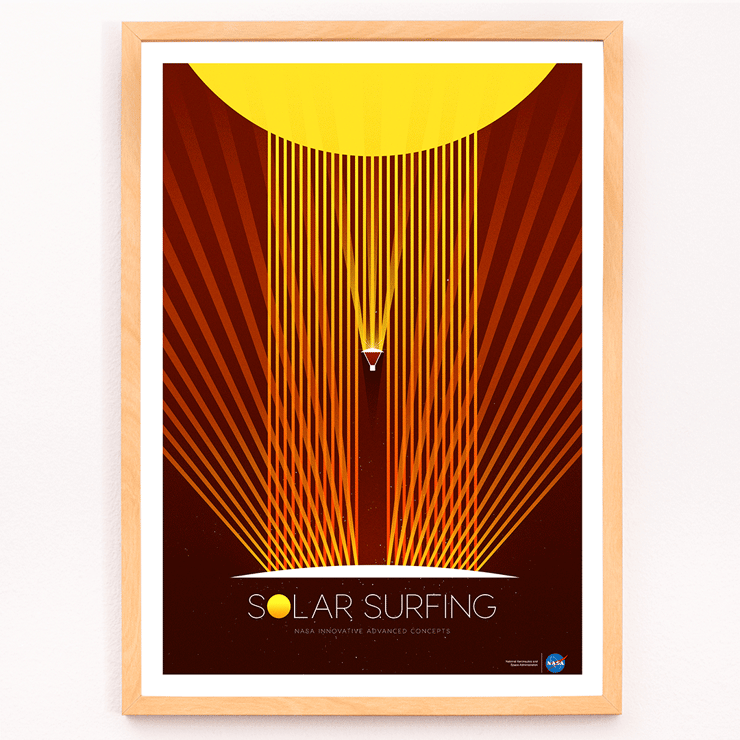 Poster of Solar Surfing by NASA with bright orange rays and geometric design. Poster titled Solar Surfing by NASA features a stylized spacecraft surfing down solar flares emanating from a bright yellow sun
