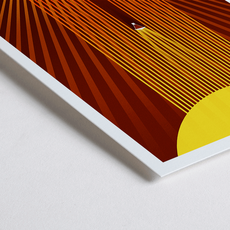 Poster of Solar Surfing by NASA with bright orange rays and geometric design. Poster titled Solar Surfing by NASA features a stylized spacecraft surfing down solar flares emanating from a bright yellow sun