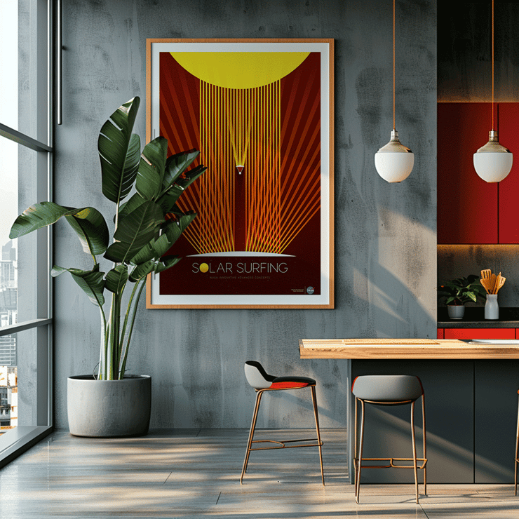 Poster of Solar Surfing by NASA with bright orange rays and geometric design. Poster titled Solar Surfing by NASA features a stylized spacecraft surfing down solar flares emanating from a bright yellow sun