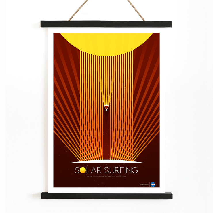 Poster of Solar Surfing by NASA with bright orange rays and geometric design. Poster titled Solar Surfing by NASA features a stylized spacecraft surfing down solar flares emanating from a bright yellow sun