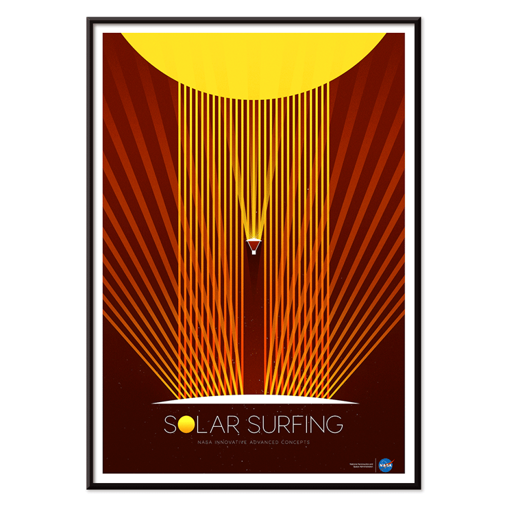 Poster of Solar Surfing by NASA with bright orange rays and geometric design. Poster titled Solar Surfing by NASA features a stylized spacecraft surfing down solar flares emanating from a bright yellow sun
